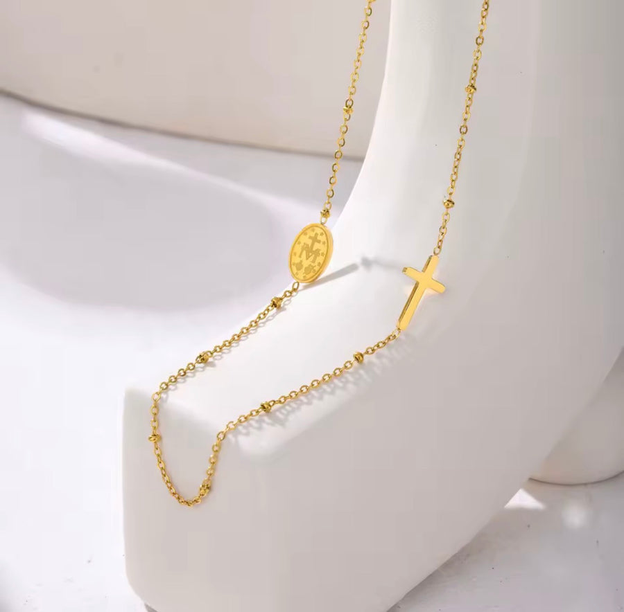 18K Gold-Plated Stainless Steel Rosary-Style Cross Necklace