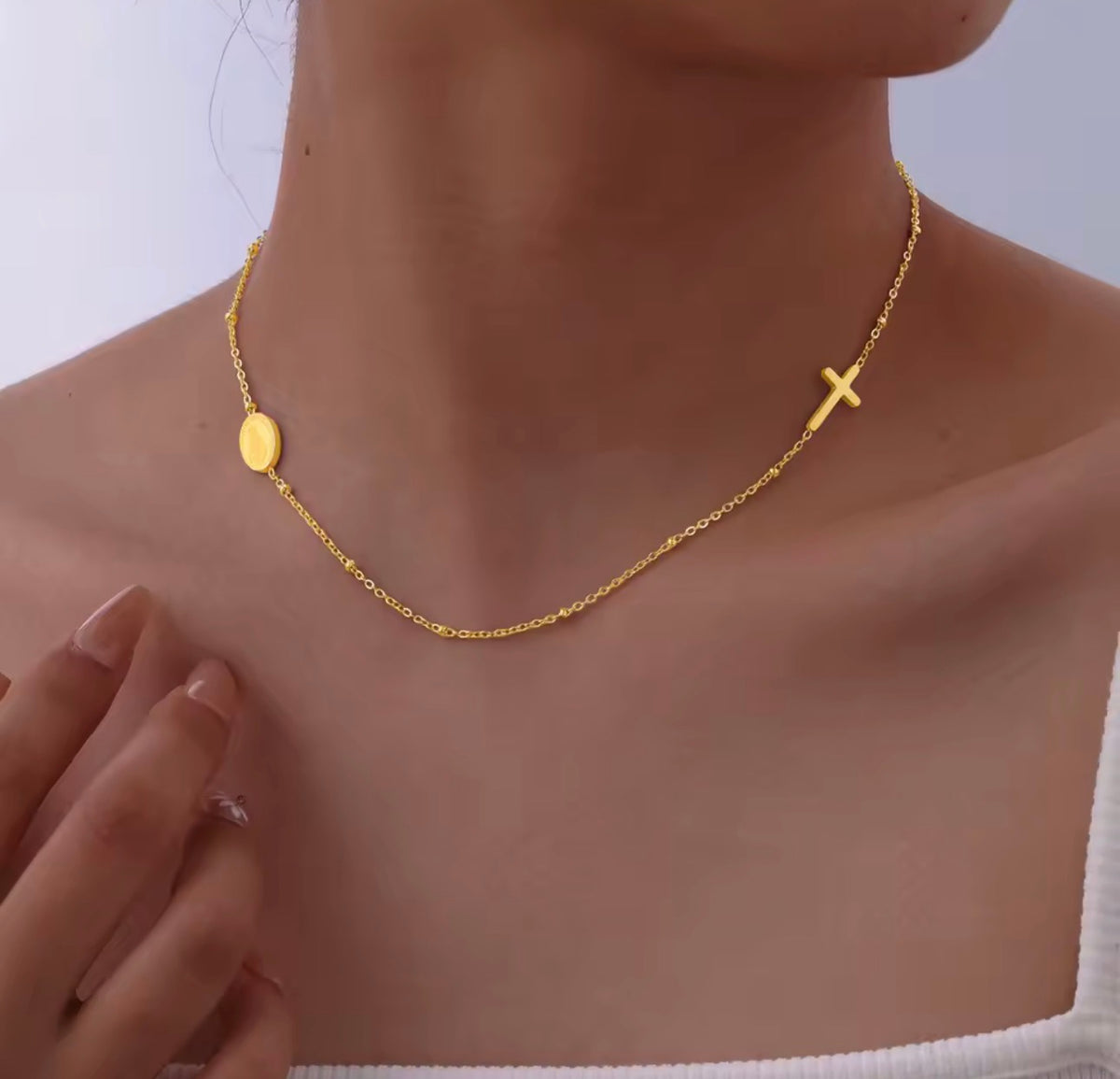 18K Gold-Plated Stainless Steel Rosary-Style Cross Necklace