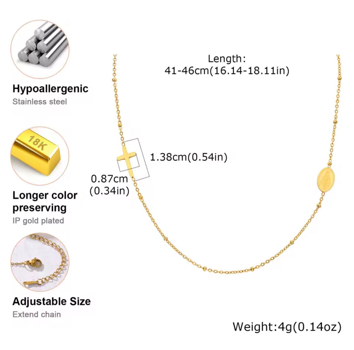 18K Gold-Plated Stainless Steel Rosary-Style Cross Necklace