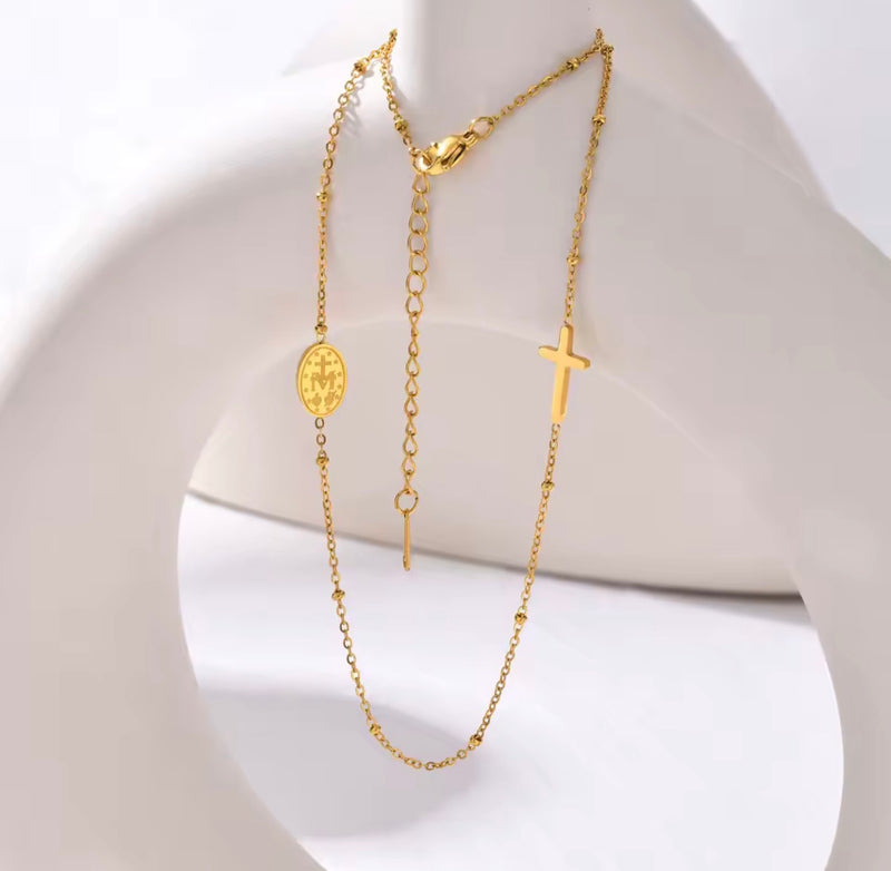 18K Gold-Plated Stainless Steel Rosary-Style Cross Necklace