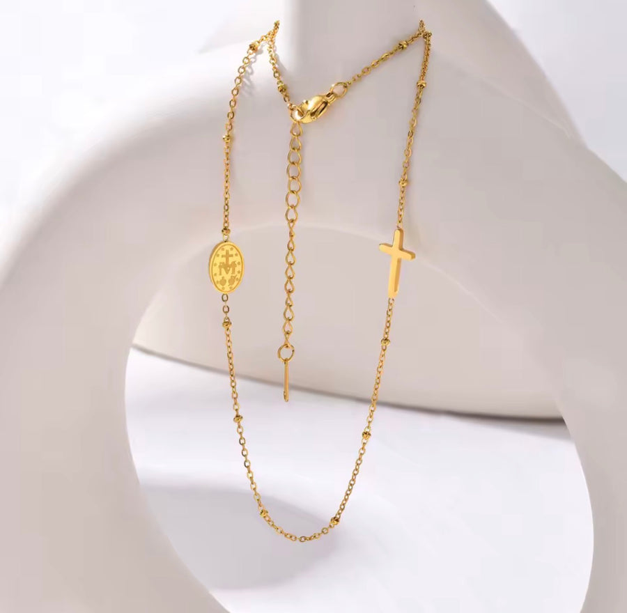 18K Gold-Plated Stainless Steel Rosary-Style Cross Necklace