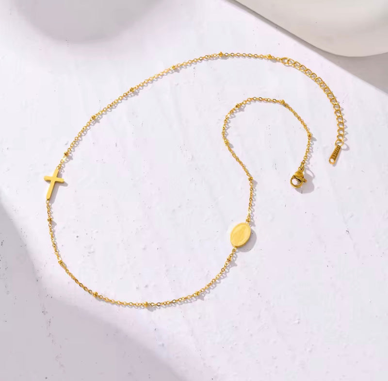 18K Gold-Plated Stainless Steel Rosary-Style Cross Necklace