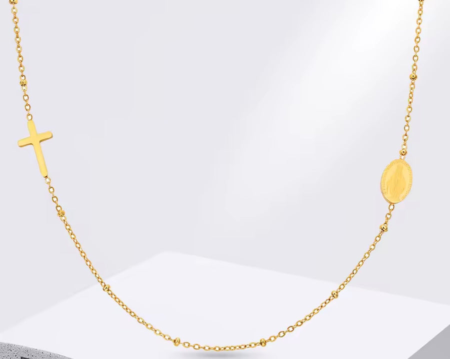 18K Gold-Plated Stainless Steel Rosary-Style Cross Necklace