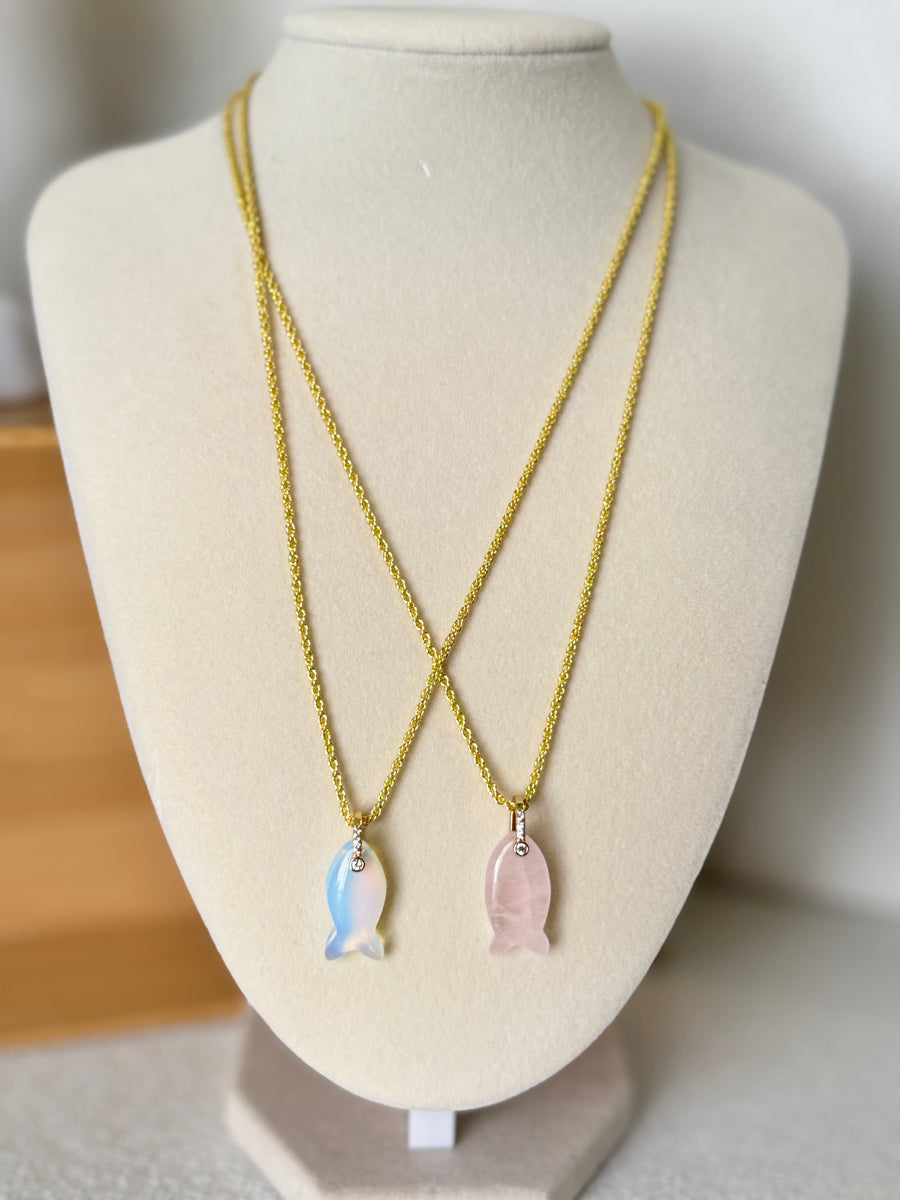 Natural Stone Fish Pendant Rope Chain Necklace  Rose Quartz or Opaline