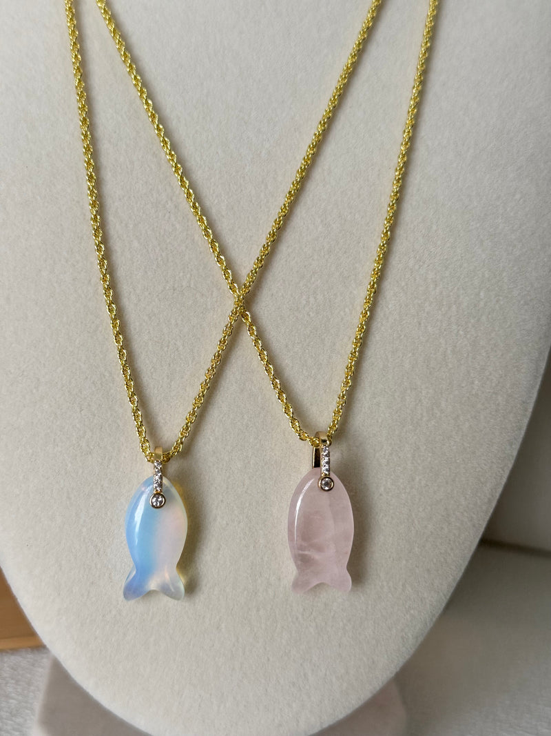 Natural Stone Fish Pendant Rope Chain Necklace  Rose Quartz or Opaline