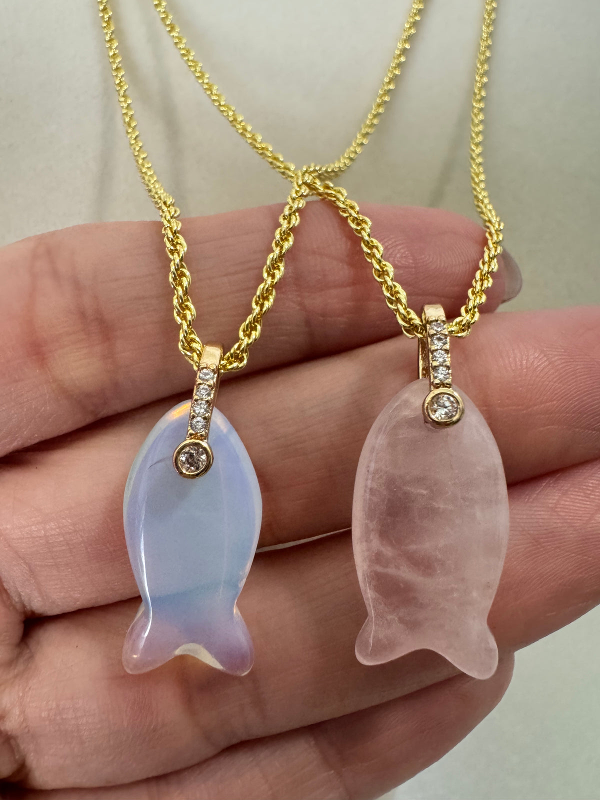 Natural Stone Fish Pendant Rope Chain Necklace  Rose Quartz or Opaline