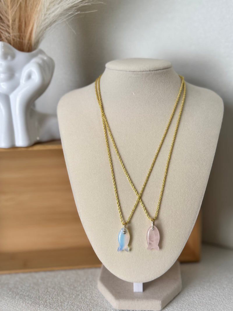 Natural Stone Fish Pendant Rope Chain Necklace  Rose Quartz or Opaline