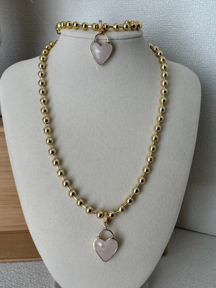 18K Gold Plated Rose Quartz Heart Necklace and Bracelet   6mm Beads