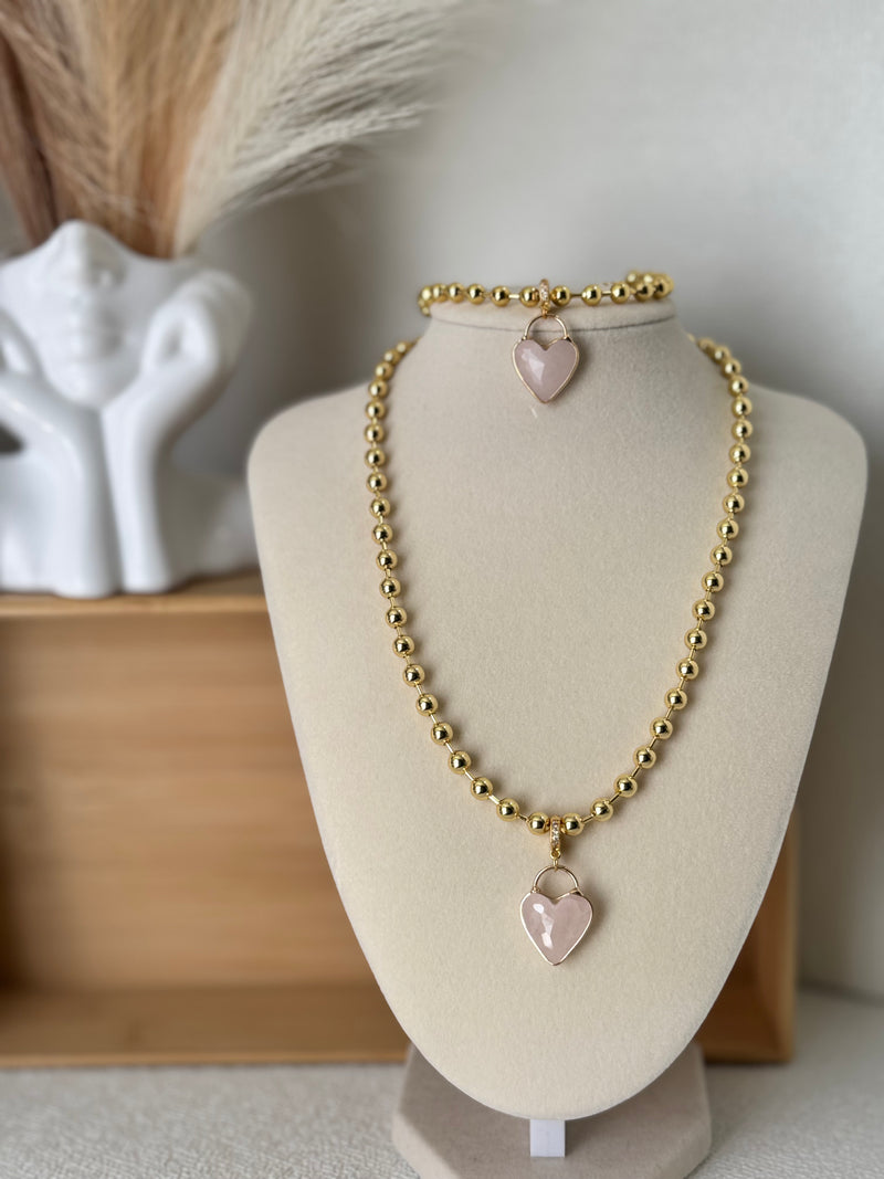 18K Gold Plated Rose Quartz Heart Necklace and Bracelet   6mm Beads