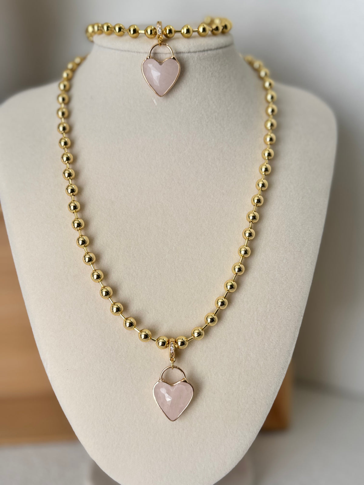 18K Gold Plated Rose Quartz Heart Necklace and Bracelet   6mm Beads