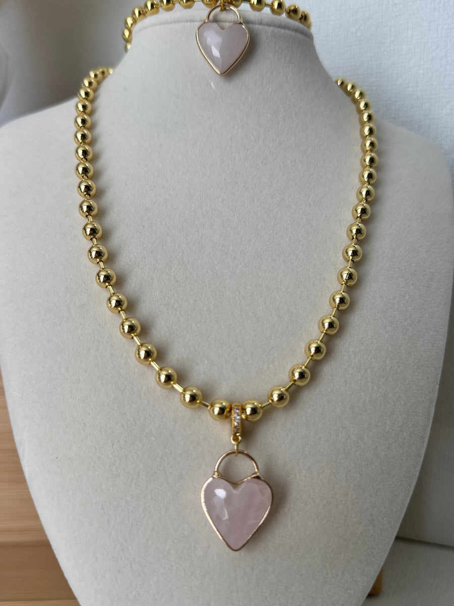 18K Gold Plated Rose Quartz Heart Necklace and Bracelet   6mm Beads
