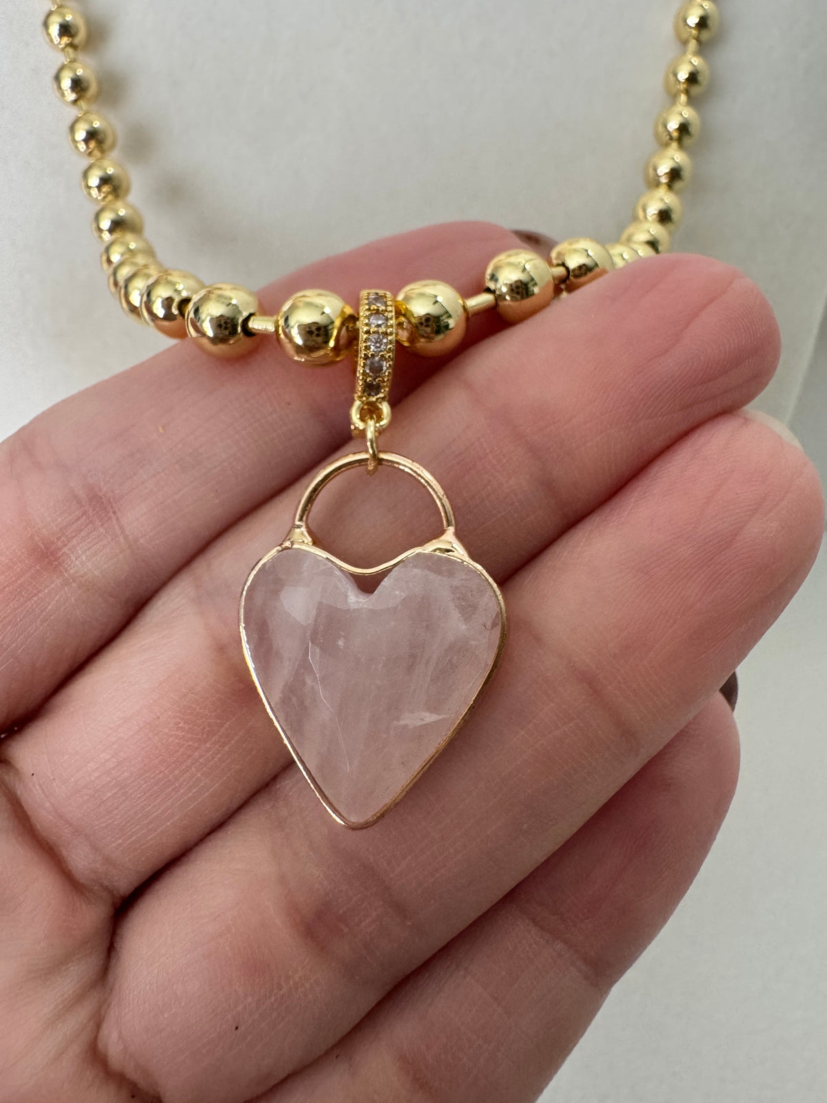 18K Gold Plated Rose Quartz Heart Necklace and Bracelet   6mm Beads