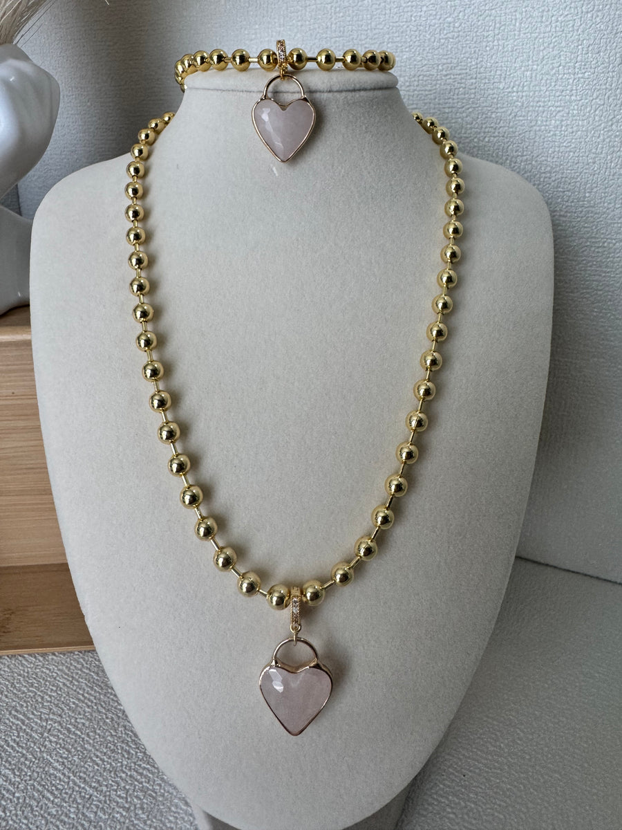 18K Gold Plated Rose Quartz Heart Necklace and Bracelet   6mm Beads