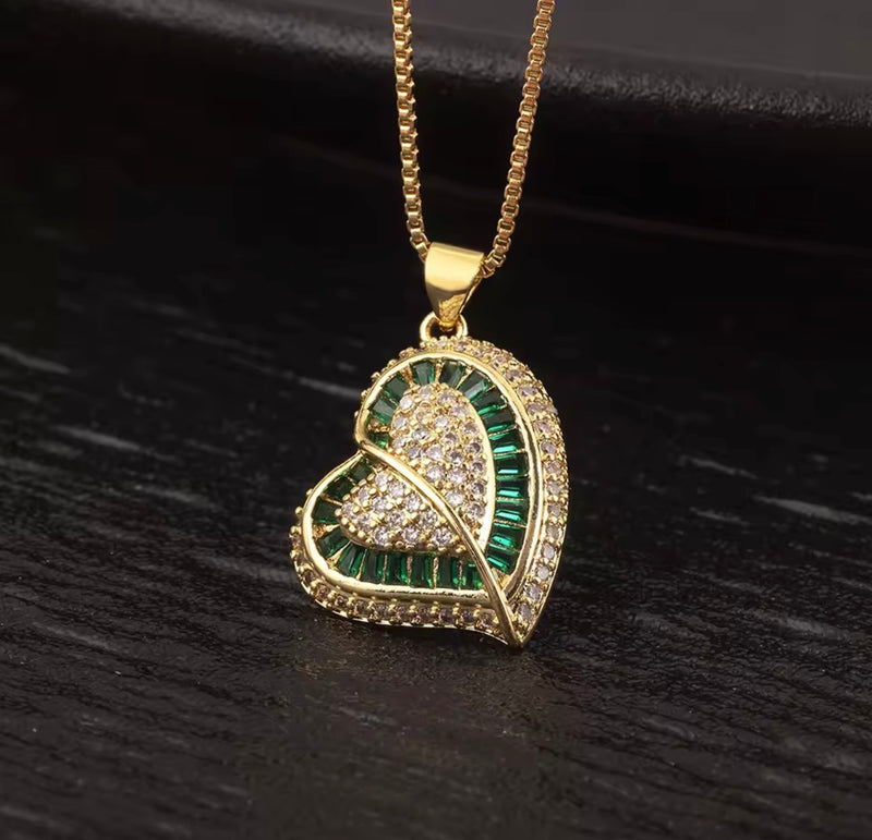 Colorful Double Heart Zirconia Necklace – Gold Tone