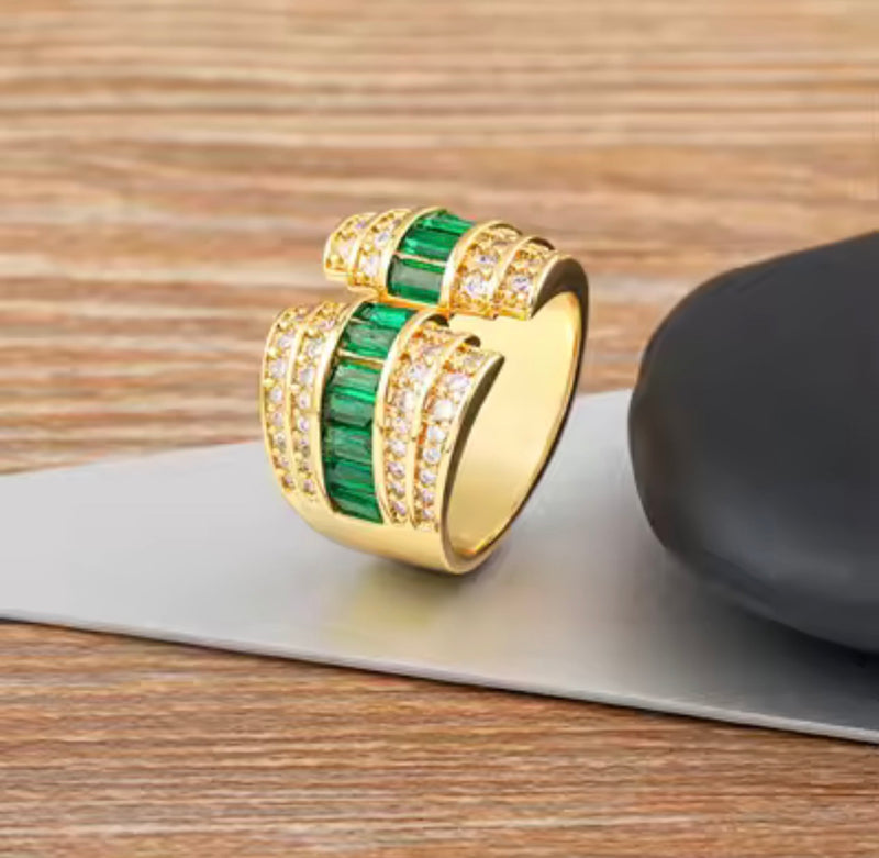 Statement Open Ring with Baguette & Cubic Zirconia Stones – Gold Tone