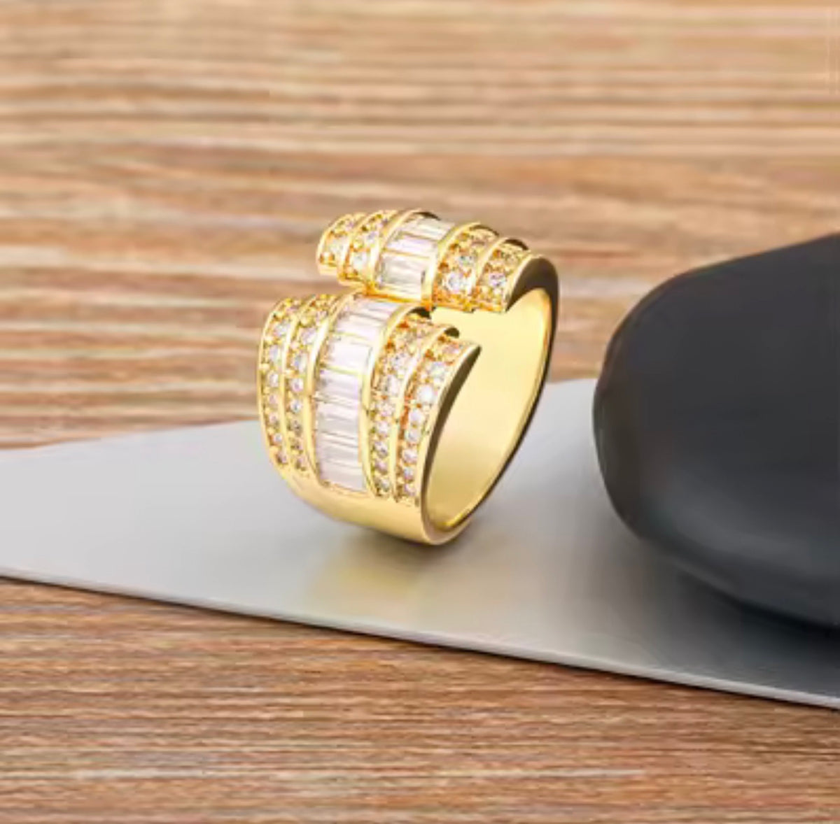 Statement Open Ring with Baguette & Cubic Zirconia Stones – Gold Tone