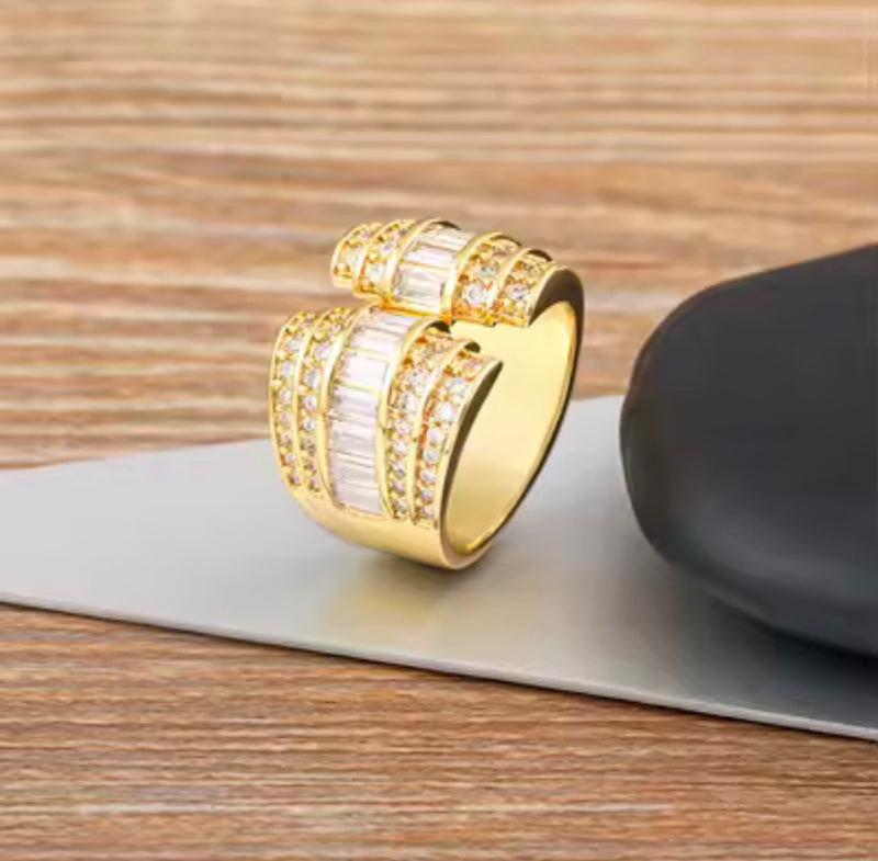 Statement Open Ring with Baguette & Cubic Zirconia Stones – Gold Tone