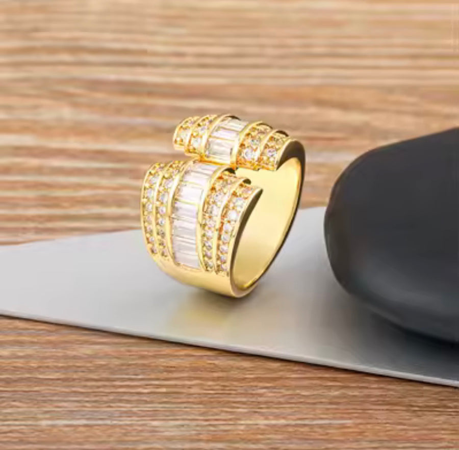 Statement Open Ring with Baguette & Cubic Zirconia Stones – Gold Tone