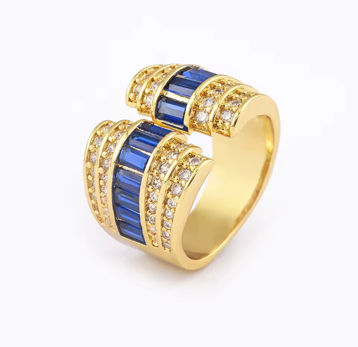 Statement Open Ring with Baguette & Cubic Zirconia Stones – Gold Tone