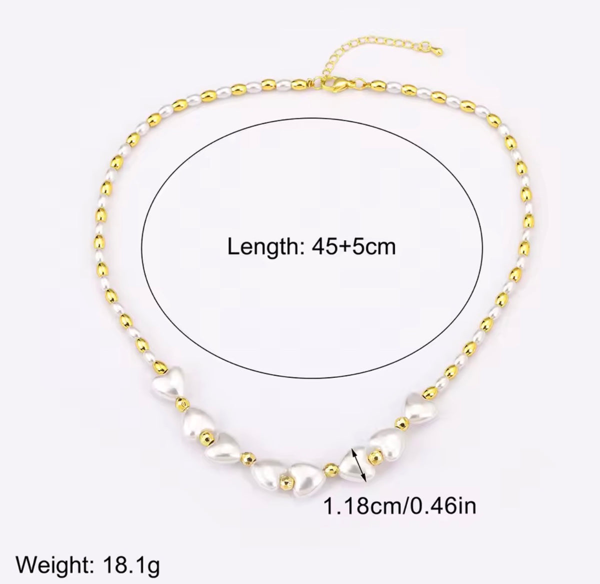 Heart shaped synthetic pearl necklace with 18K gold plated beads and adjustable chain