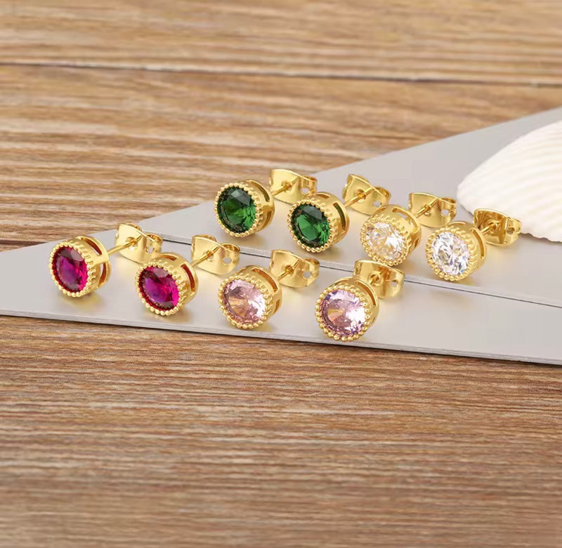 18K Gold Plated Round Crystal Stud Earrings for Women – Colorful Statement Earrings