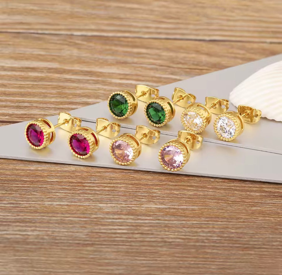 18K Gold Plated Round Crystal Stud Earrings for Women – Colorful Statement Earrings