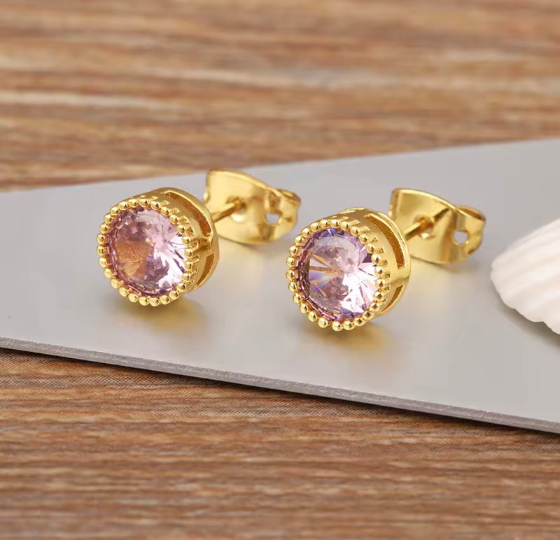 18K Gold Plated Round Crystal Stud Earrings for Women – Colorful Statement Earrings