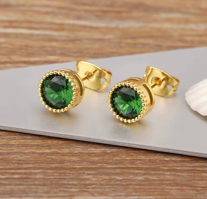 18K Gold Plated Round Crystal Stud Earrings for Women – Colorful Statement Earrings