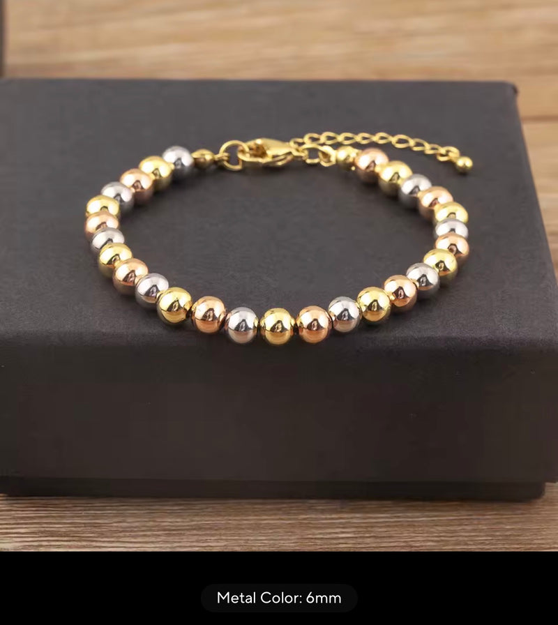 Three-Tone Beaded Necklace & Bracelet Collection – 4mm, 6mm & 8mm | 18K Gold Plated