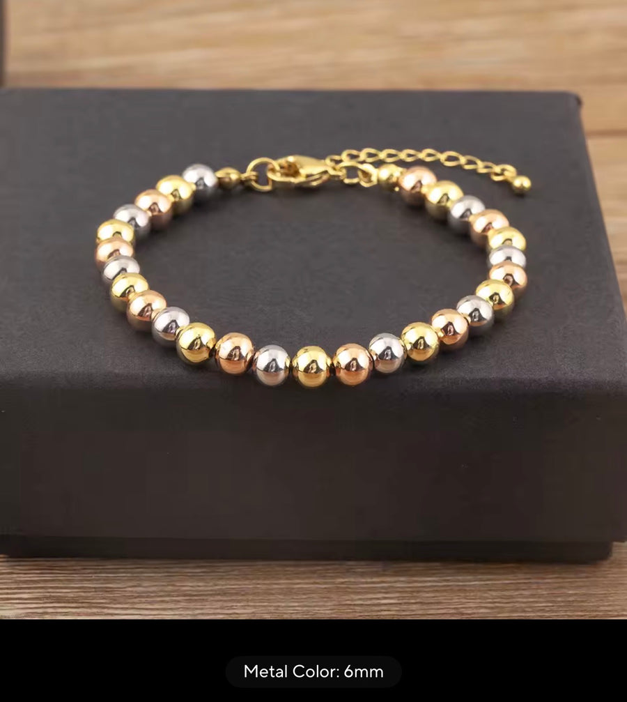 Three-Tone Beaded Necklace & Bracelet Collection – 4mm, 6mm & 8mm | 18K Gold Plated