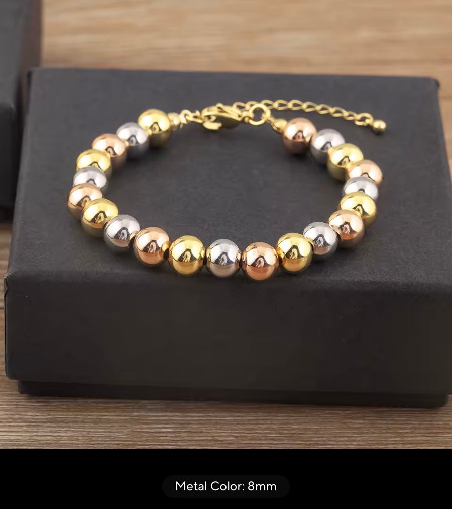 Three-Tone Beaded Necklace & Bracelet Collection – 4mm, 6mm & 8mm | 18K Gold Plated