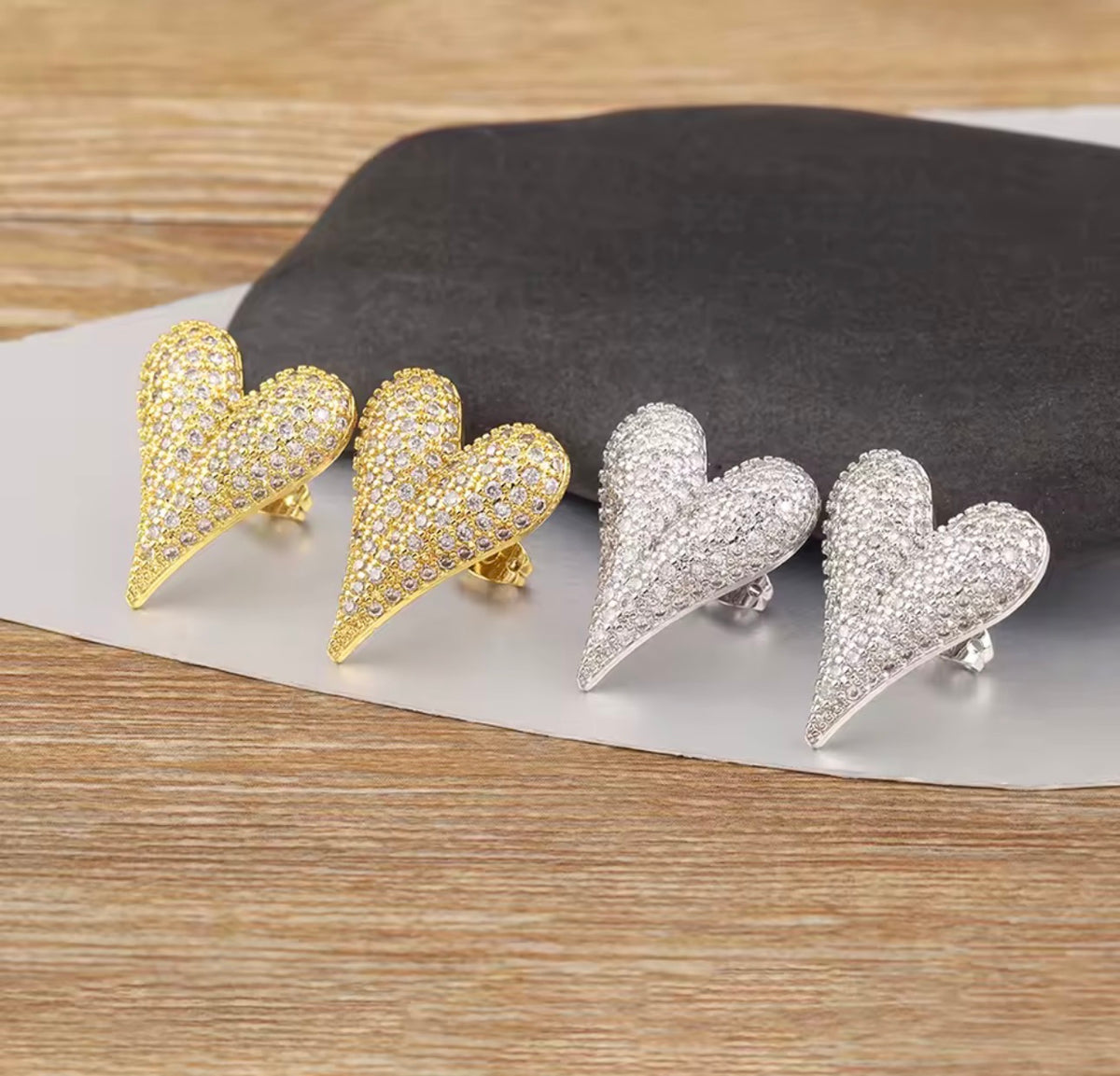 18K Gold Plated Pavé Heart Statement Earrings for Women