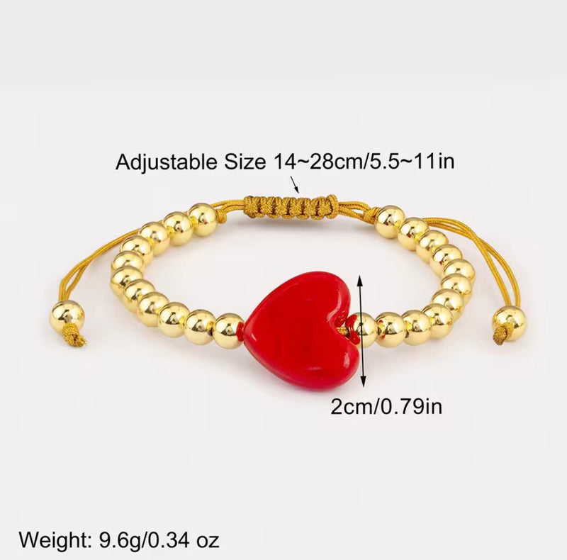 Colorful Heart Adjustable Beaded Bracelet – Gold Tone