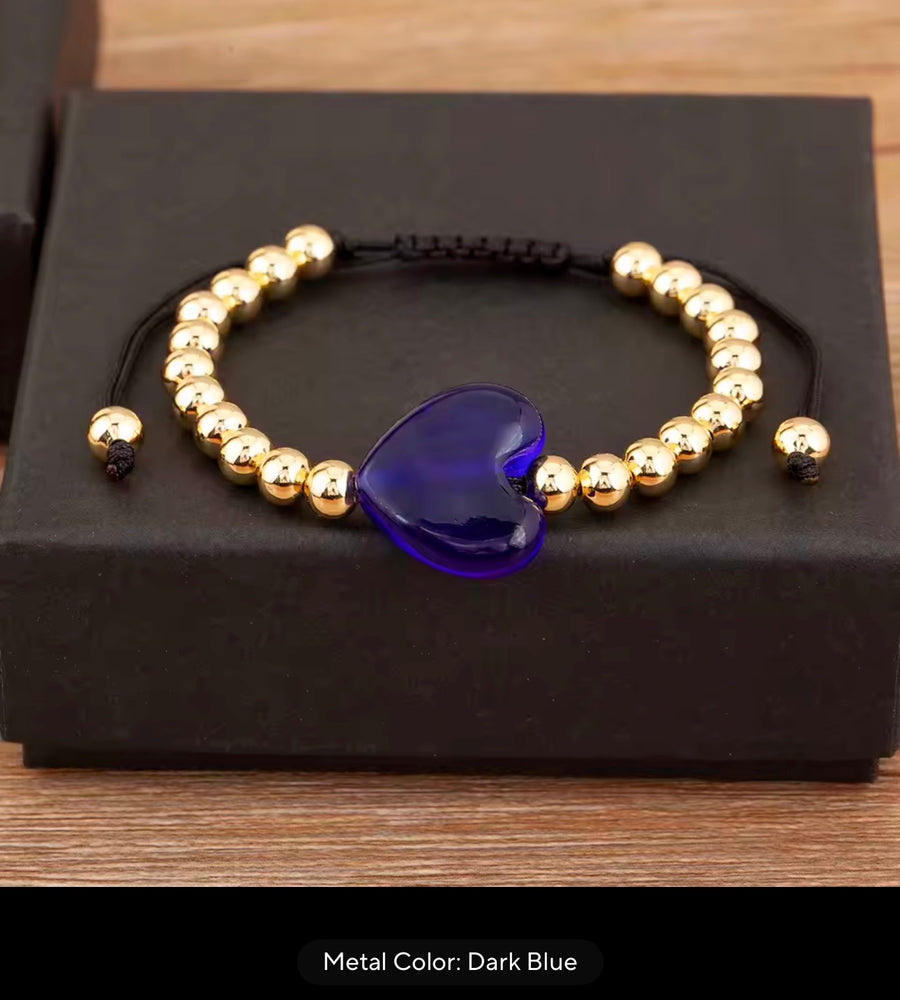 Colorful Heart Adjustable Beaded Bracelet – Gold Tone