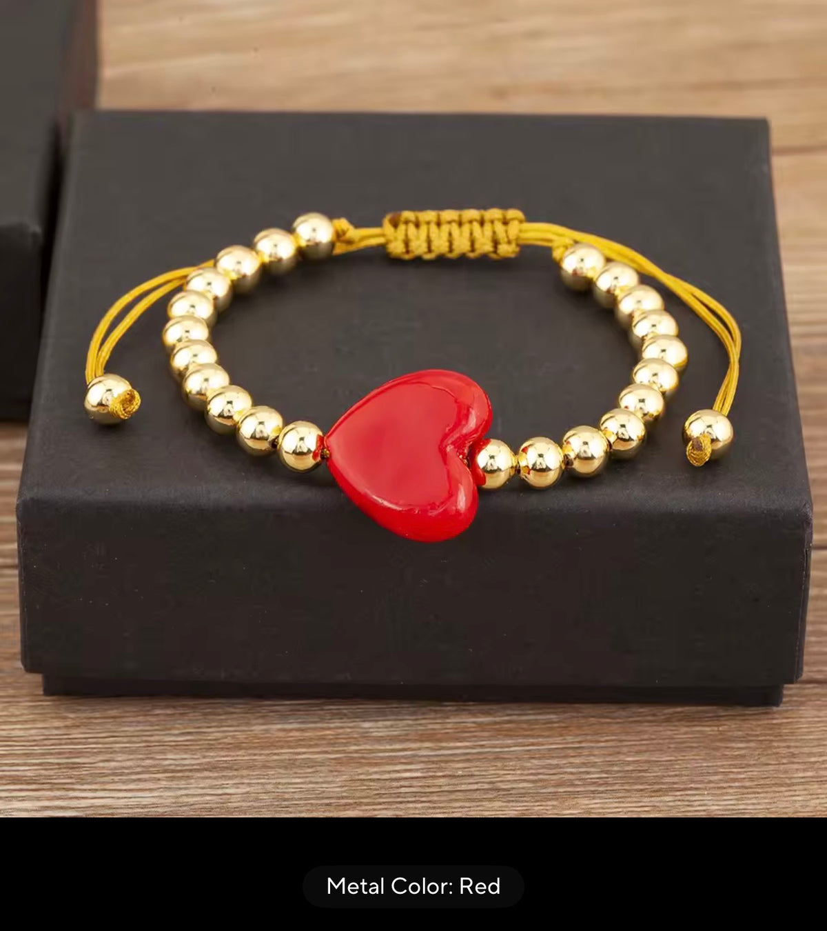 Colorful Heart Adjustable Beaded Bracelet – Gold Tone