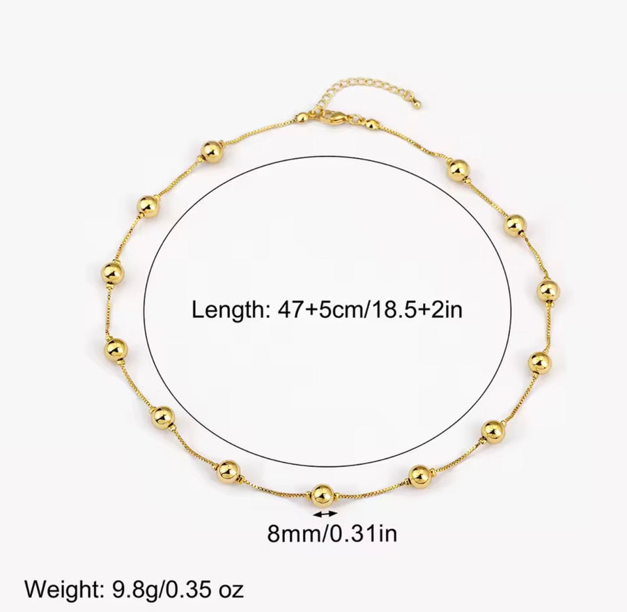 Gold 18K gold plated 8mm station bead necklace with 18.5 inch chain and 2 inch extender