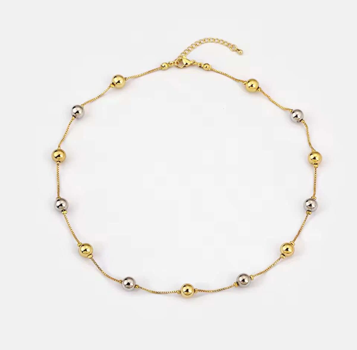 Two-tone 18K gold plated 8mm station bead necklace with gold and silver-tone beads
