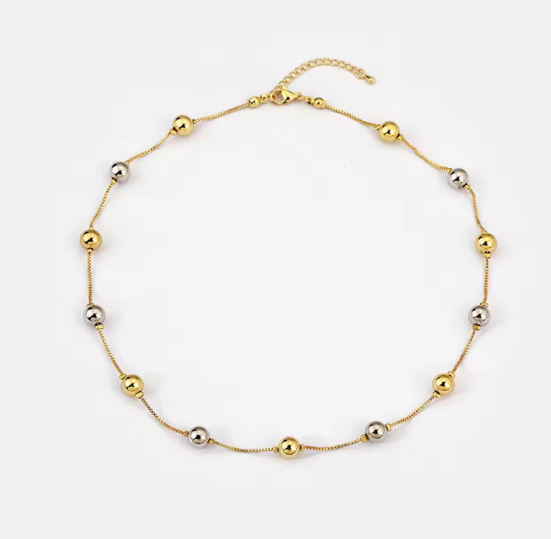 Two-tone 18K gold plated 8mm station bead necklace with gold and silver-tone beads