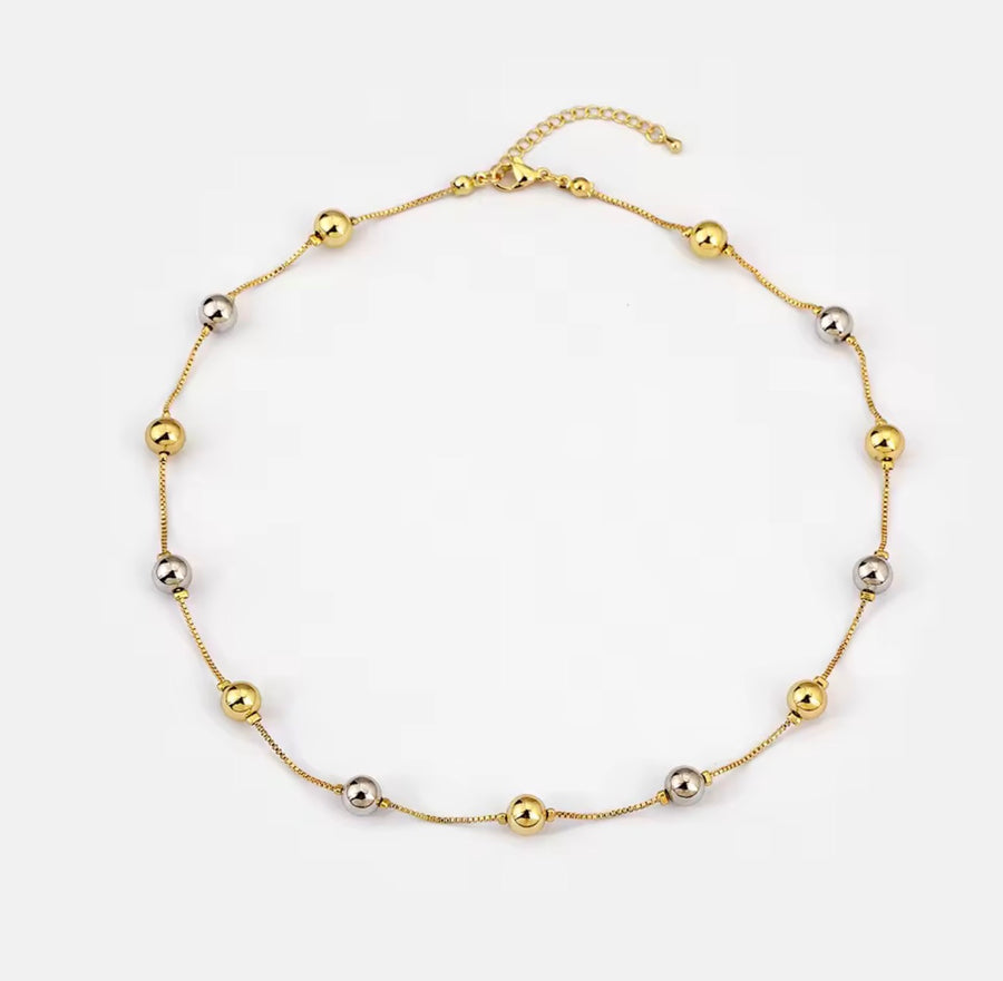 Two-tone 18K gold plated 8mm station bead necklace with gold and silver-tone beads