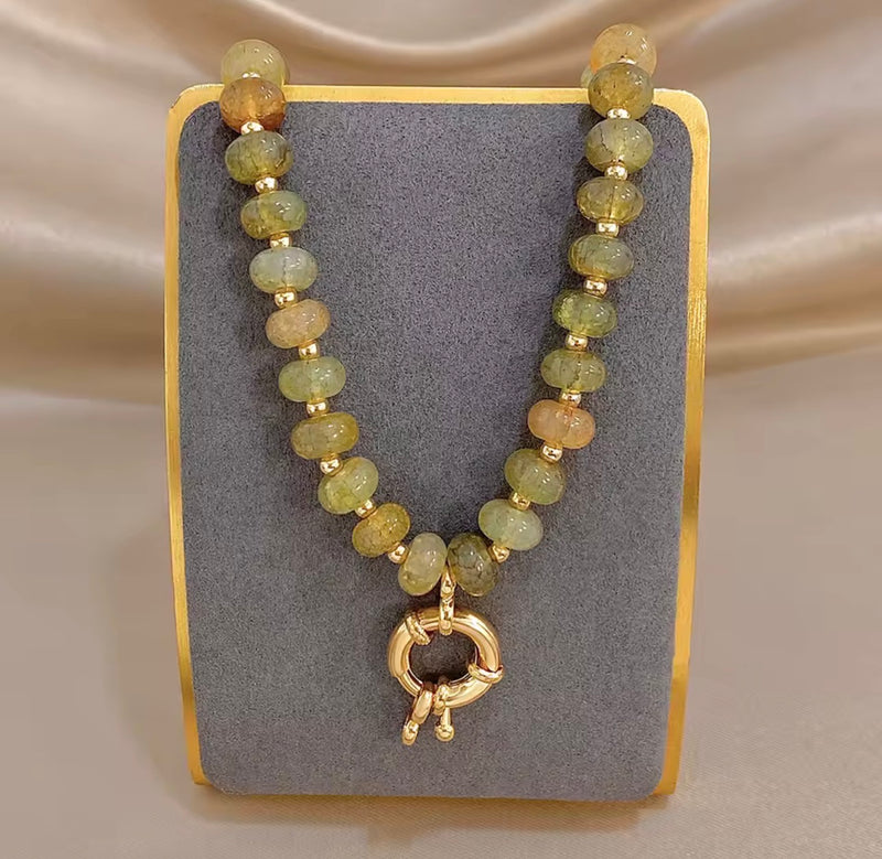 Natural Stone Beaded Necklace – Gold Tone