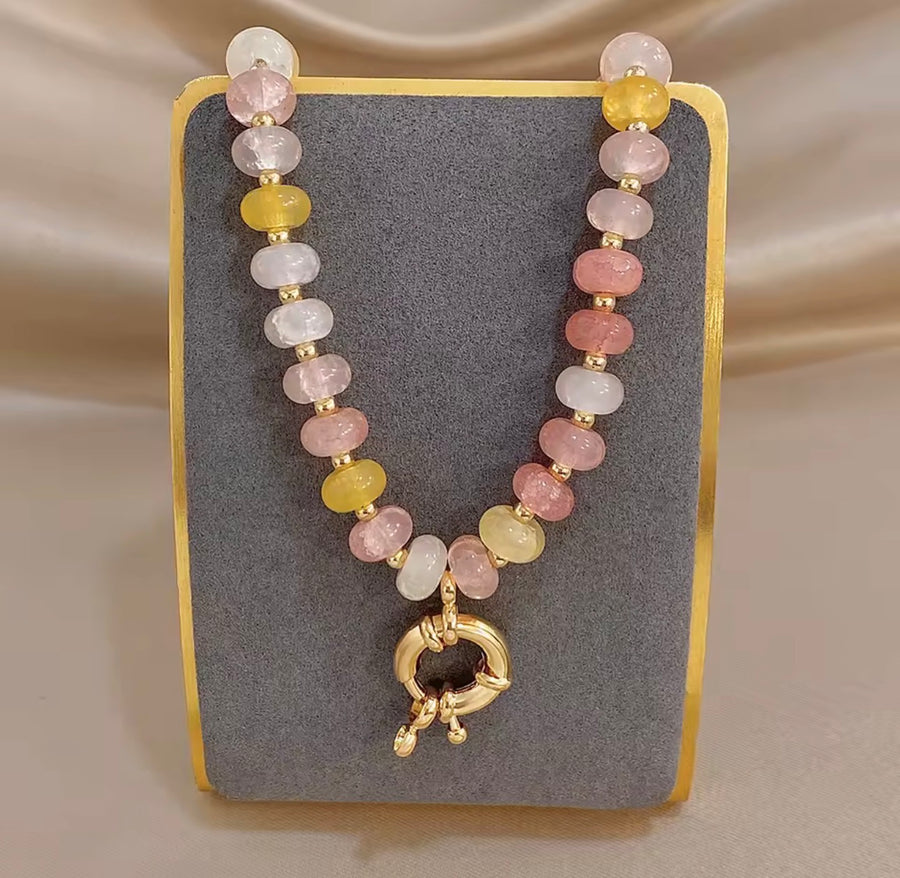 Natural Stone Beaded Necklace – Gold Tone