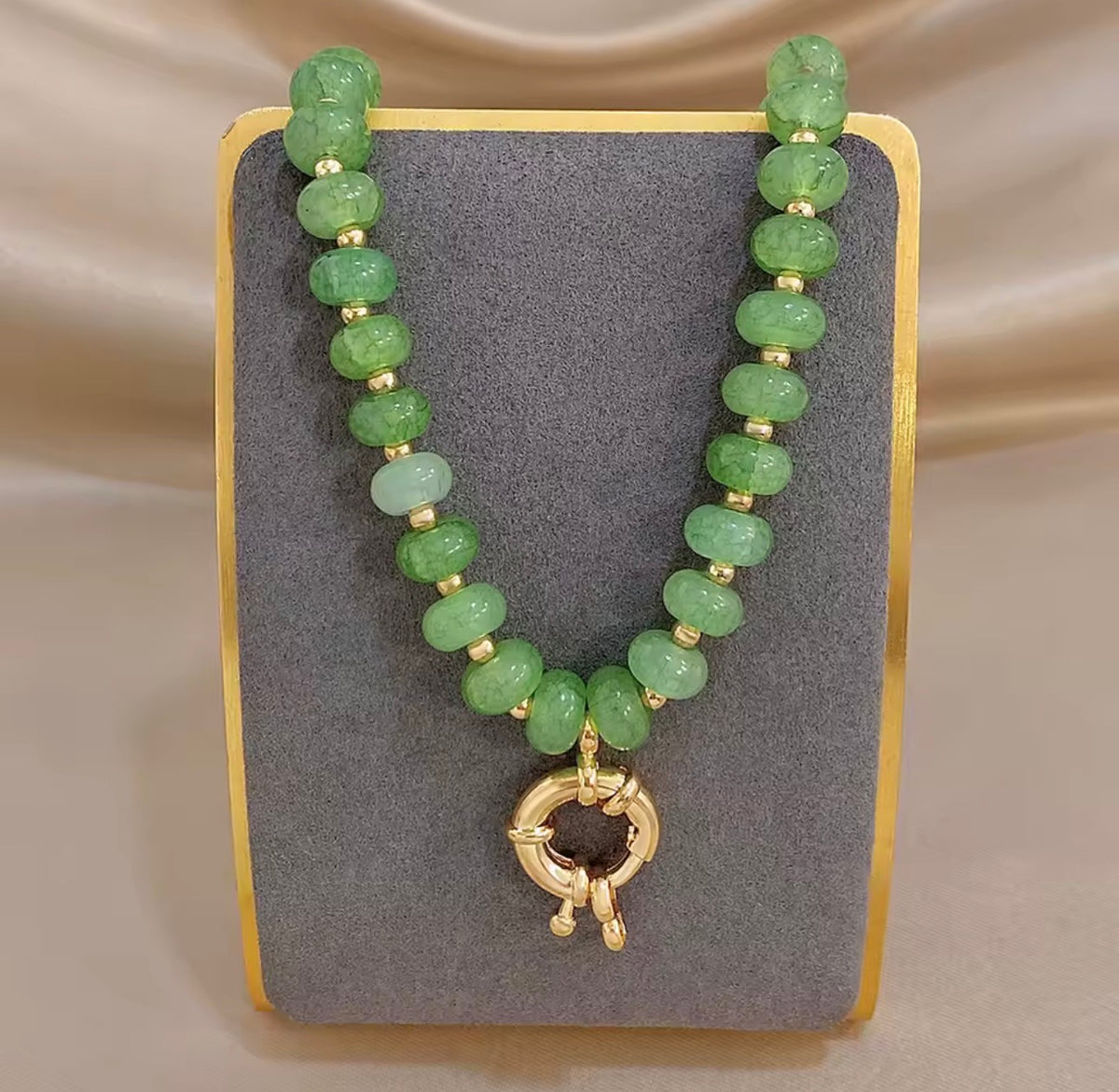 Natural Stone Beaded Necklace – Gold Tone