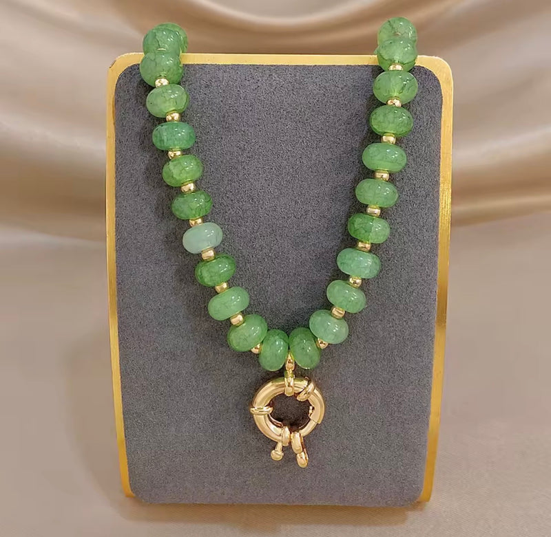 Natural Stone Beaded Necklace – Gold Tone