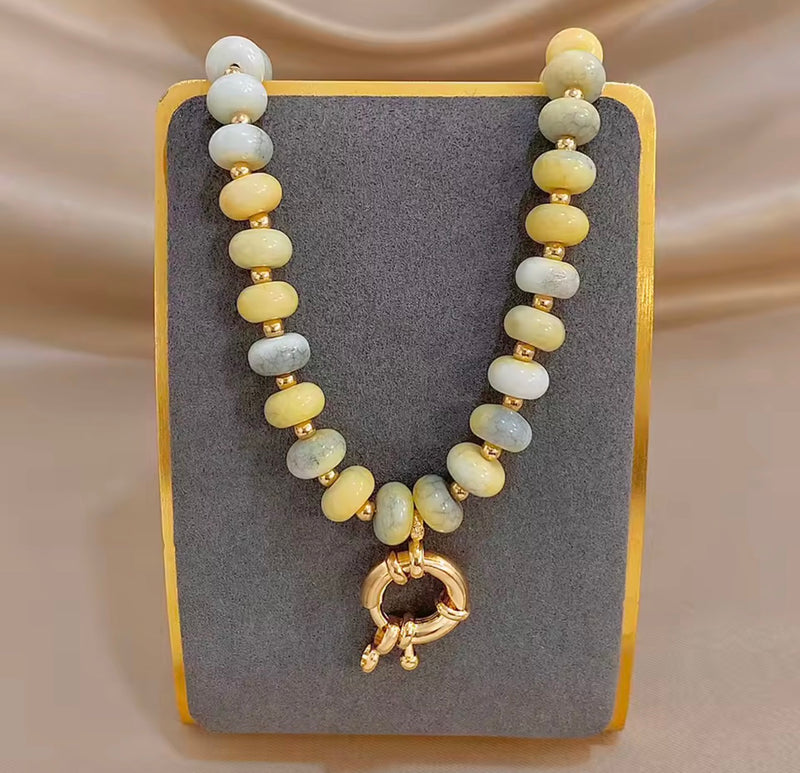 Natural Stone Beaded Necklace – Gold Tone