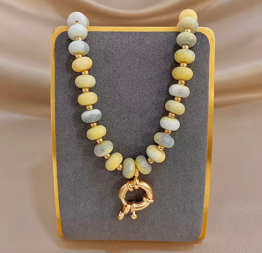 Natural Stone Beaded Necklace – Gold Tone