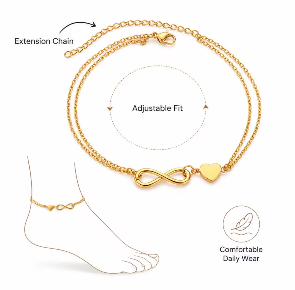 Infinity Heart Stainless Steel Anklet  Adjustable Gold Anklet for Women