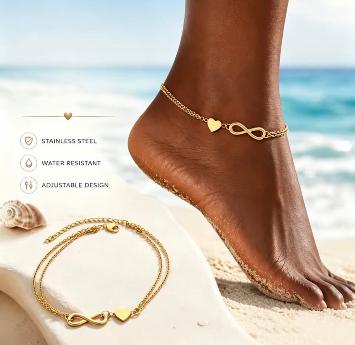 Infinity Heart Stainless Steel Anklet  Adjustable Gold Anklet for Women