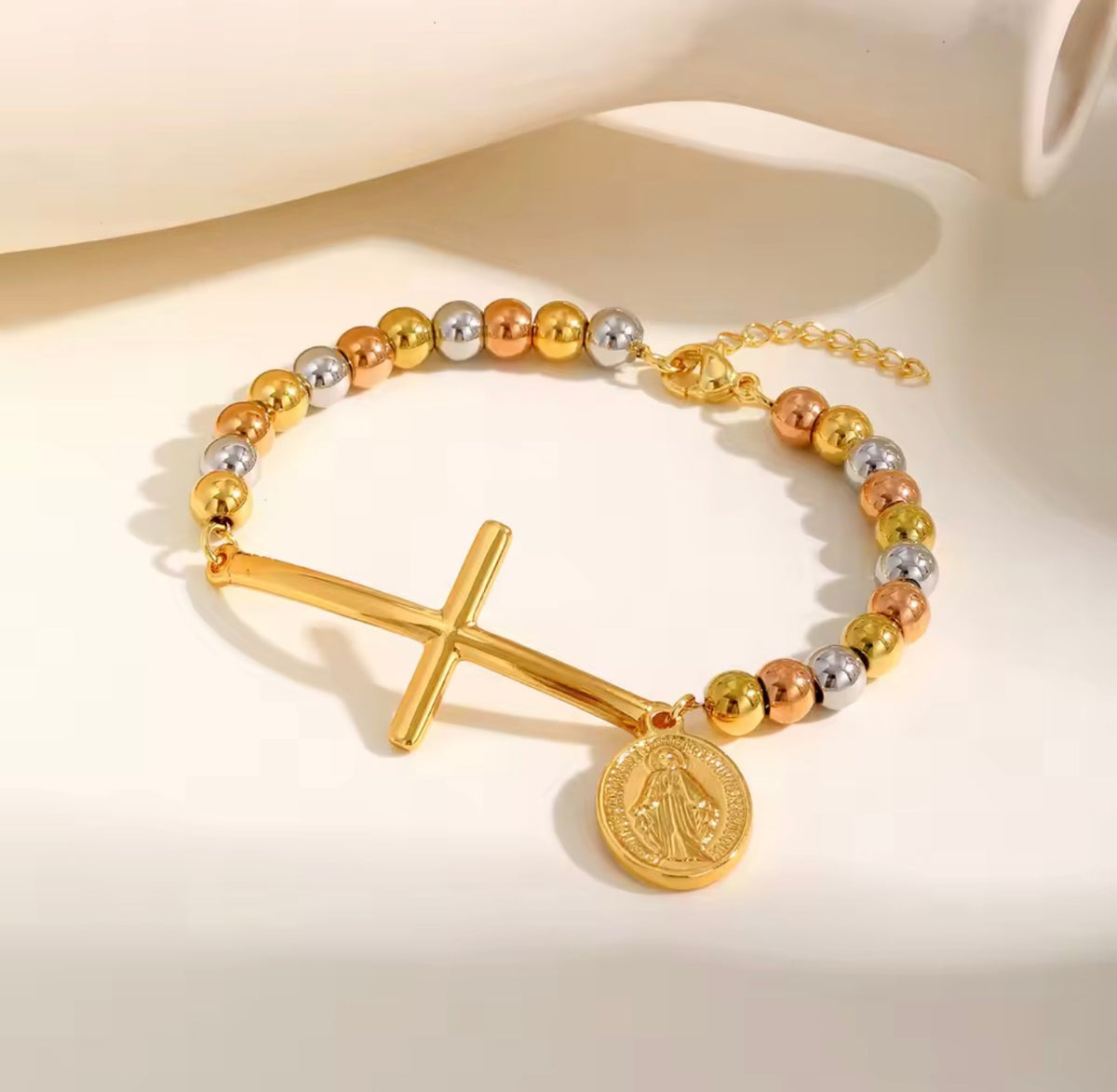 Tricolor Beaded Cross Bracelet with Virgin Mary Charm - Stainless Steel