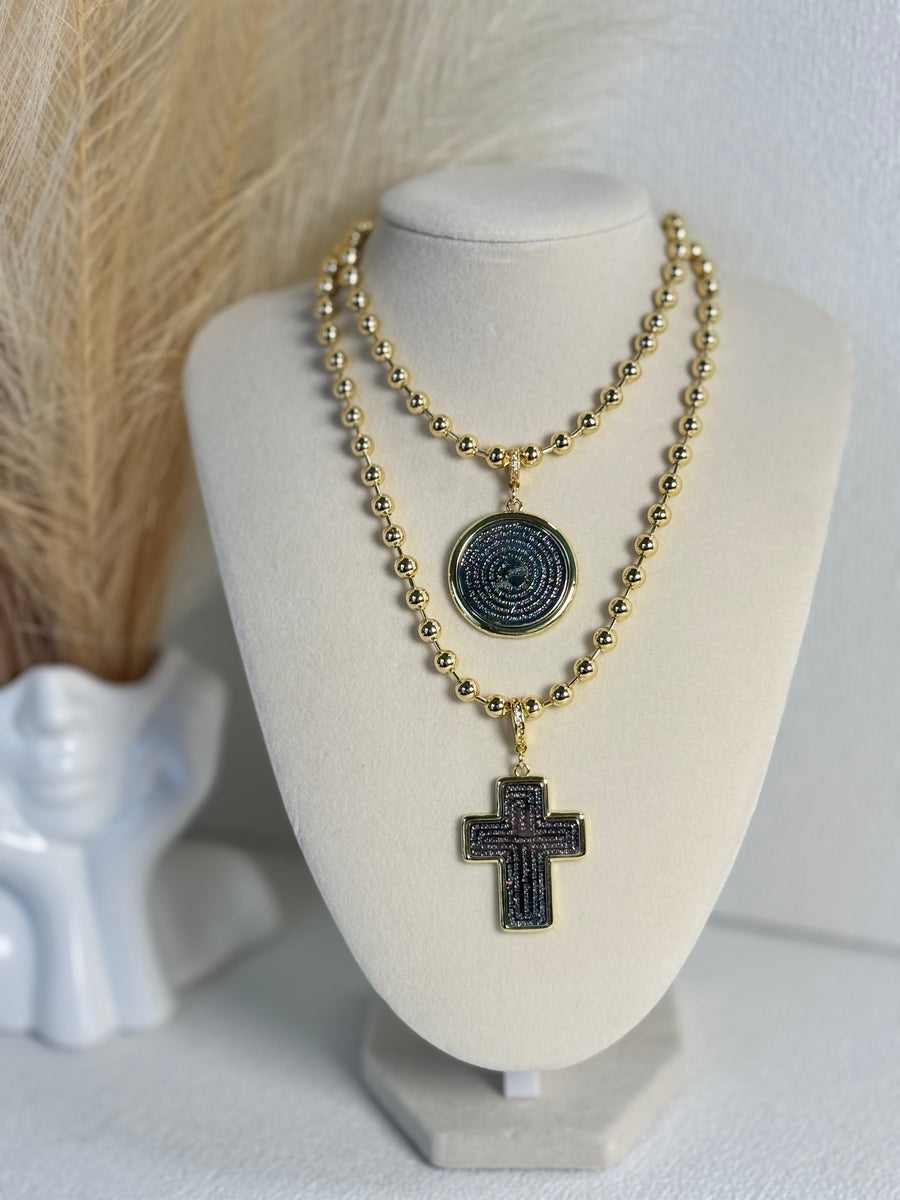 Lord’s Prayer two-tone necklace with 6mm gold beaded chain, Padre Nuestro medallion and cross charms