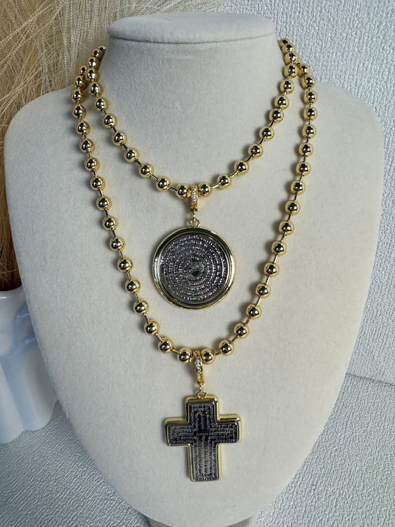 Lord’s Prayer two-tone necklace with 6mm gold beaded chain, Padre Nuestro medallion and cross charms